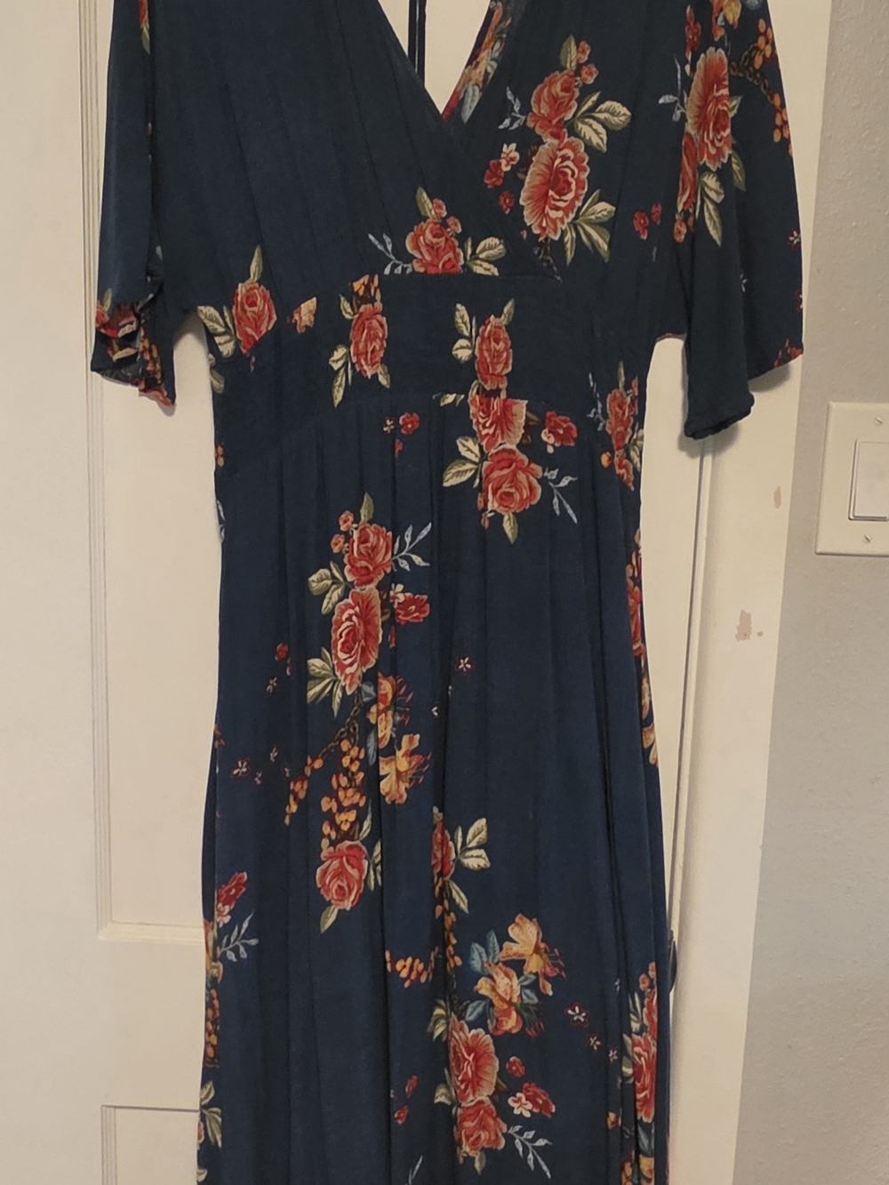 Navy Floral Wrap Maxi Dress with Red Rose Print